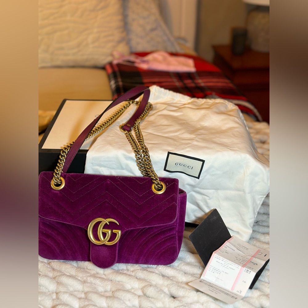 Gucci Purple Velvet GG Marmont Chain Shoulder Bag